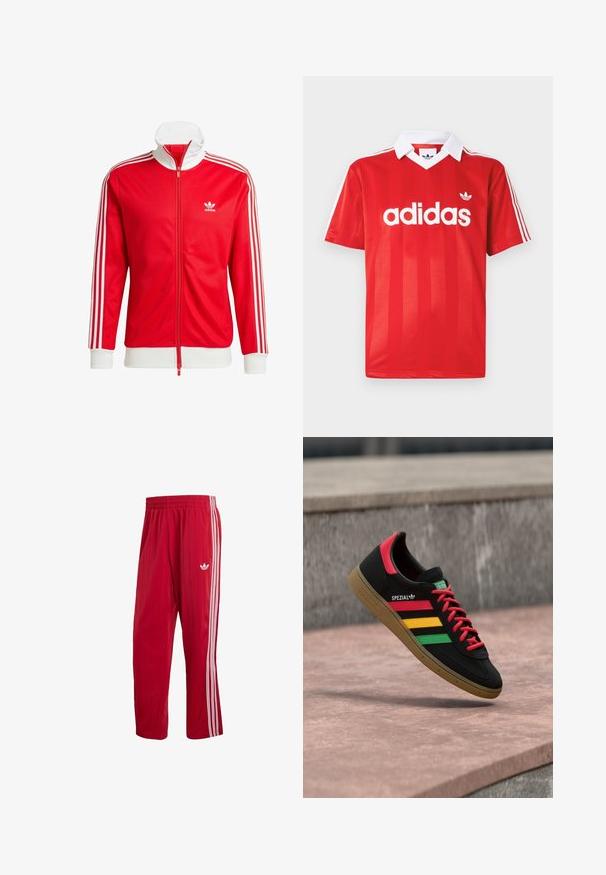 Rote Trackjacke aus glattem Material mit weißen Akzenten. Verfügt über einen hohen Kragen, einen durchgehenden Reißverschluss und drei weiße Streifen an jedem Ärmel.; Rotes Adidas-Sporttrikot mit weißem Kragen, drei weißen Streifen an den Ärmeln und Adidas-Logo mittig auf der Brust.; Rote Adidas Trainingshose mit elastischem Bund, weißen Seitenstreifen und Trefoil-Logo am rechten Oberschenkel vor weißem Hintergrund.; Schwarzer Adidas Spezial Sneaker mit roten, gelben und grünen Streifen, roten Schnürsenkeln, Gummisohle und rotem Fersen-Detail, schwebend über dem Pflaster gezeigt.