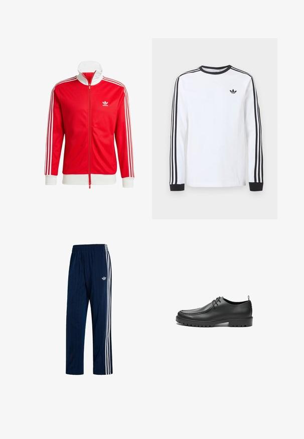Rote Trackjacke aus glattem Material mit weißen Akzenten. Verfügt über einen hohen Kragen, einen durchgehenden Reißverschluss und drei weiße Streifen an jedem Ärmel.; Weißes Adidas-Langarmshirt mit schwarzem Rundhalsausschnitt, schwarzen Bündchen, drei schwarzen Streifen an den Ärmeln und schwarzem Trefoil-Logo auf der Brust.; Marineblaue Adidas Trainingshose mit weißen drei Streifen an den Seiten und elastischem Bund, mit weißem Trefoil-Logo auf dem linken Oberschenkel.; Schwarze Lederschuhe mit glatter Oberfläche, runder Zehenform und dekorativer Naht. Mit einer Gummisohle mit Traktionsrillen und Schnürdesign.