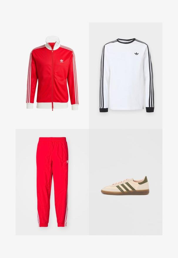 Červená športová bunda vyrobená z hladkej tkaniny s bielymi akcentmi. Disponuje vysokým golierom, plným zipsom a tromi bielymi pruhmi na každom rukáve.; Biele tričko Adidas s dlhým rukávom, čiernym okrúhlym výstrihom, čiernymi manžetami, tromi čiernymi pruhmi na rukávoch a čiernym logom trefoil na hrudi.; Červené športové nohavice s elastickým pásom, biele pruhy po stranách a malým bielym logom na ľavom stehne.; Nízky béžový tenisky Adidas Spezial so zelenými pruhmi, gumovou podrážkou a nápisom „SPEZIAL“ na boku, zobrazené z vonkajšej strany.