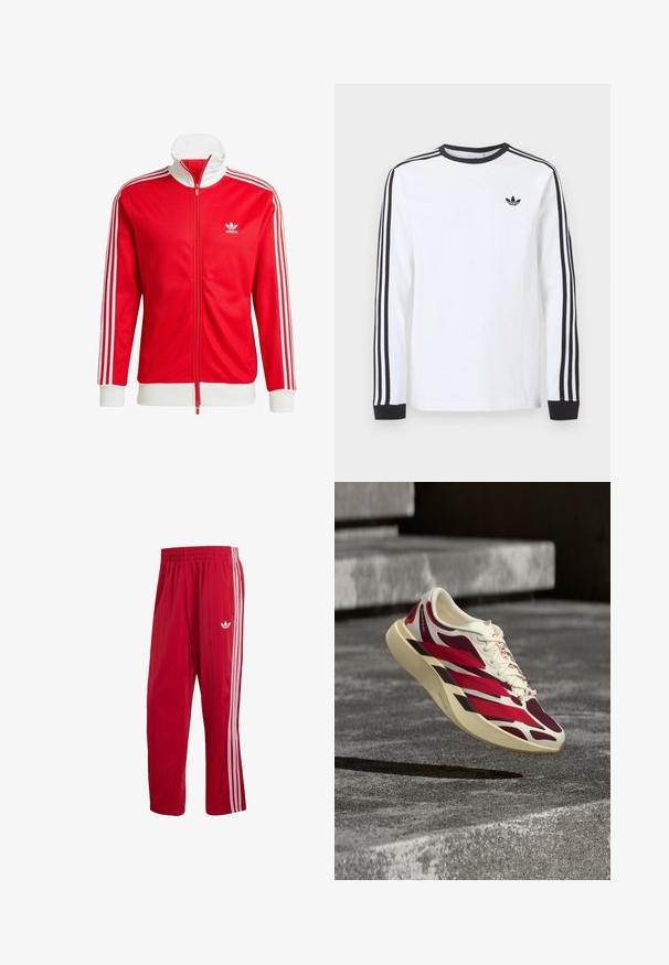 Rote Trackjacke aus glattem Material mit weißen Akzenten. Verfügt über einen hohen Kragen, einen durchgehenden Reißverschluss und drei weiße Streifen an jedem Ärmel.; Weißes Adidas-Langarmshirt mit schwarzem Rundhalsausschnitt, schwarzen Bündchen, drei schwarzen Streifen an den Ärmeln und schwarzem Trefoil-Logo auf der Brust.; Rote Adidas Trainingshose mit elastischem Bund, weißen Seitenstreifen und Trefoil-Logo am rechten Oberschenkel vor weißem Hintergrund.; Weißer und roter Sportschuh mit dicker Sohle, schwebt über strukturierten grauen Betontreppen.
