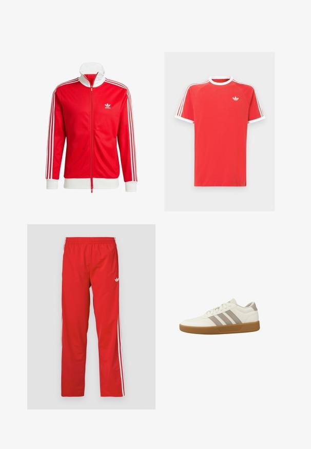 Chaqueta de chándal roja hecha de tela suave con acentos blancos. Presenta un cuello alto, cremallera completa y tres franjas blancas en cada manga.; Camiseta de algodón roja con cuello y dobladillos de las mangas en blanco. Presenta un diseño de tres rayas blancas en los hombros y un pequeño logo blanco en el pecho.; Pantalones deportivos rojos hechos de tela ligera con una cintura elástica y franjas blancas a los lados. Presentan un pequeño logo cerca de la cadera.; Zapatilla deportiva blanca de perfil bajo con rayas beige y suela de goma, diseño con cordones y collar acolchado para uso casual.