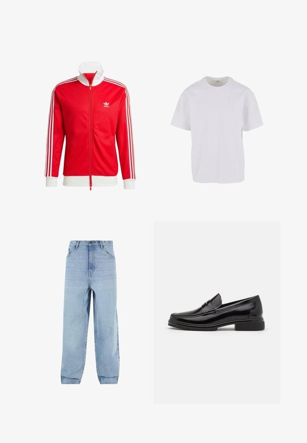 Chaqueta de chándal roja hecha de tela suave con acentos blancos. Presenta un cuello alto, cremallera completa y tres franjas blancas en cada manga.; Camiseta blanca de manga corta hecha de algodón suave, con un cuello redondo y un corte relajado con dobladillo recto. Sin patrones ni acentos visibles.; Jeans de denim azul claro con ajuste holgado, cintura alta y cinco bolsillos. Presenta presillas para el cinturón y un cierre de botón. Textura suave.; Mocasines de cuero negro con punta redondeada, que presentan un detalle cosido a través del empeine y un tacón bajo y cuadrado. Textura suave y acabado brillante.