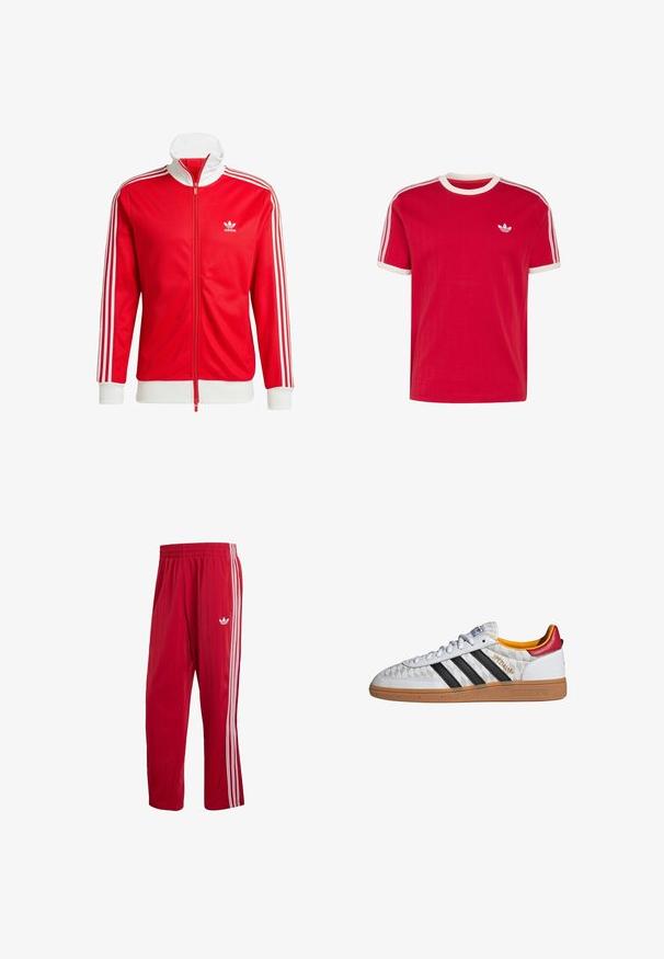 Chaqueta de chándal roja hecha de tela suave con acentos blancos. Presenta un cuello alto, cremallera completa y tres franjas blancas en cada manga.; Camiseta Adidas roja de manga corta con cuello redondo blanco y borde de las mangas en blanco, tres franjas blancas en los hombros, pequeño logo de trébol en el pecho izquierdo.; Pantalones deportivos Adidas rojos con cintura elástica, franjas laterales blancas y logo Trefoil en el muslo derecho sobre fondo blanco.; Zapatilla Adidas Spezial blanca con rayas negras, suela de goma, patrón acolchado, lengüeta roja en el talón y forro interior amarillo, vista lateral.