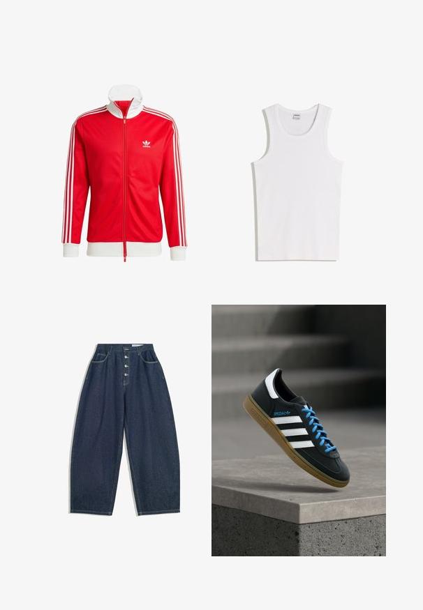 Rote Trackjacke aus glattem Material mit weißen Akzenten. Verfügt über einen hohen Kragen, einen durchgehenden Reißverschluss und drei weiße Streifen an jedem Ärmel.; Weißes Baumwoll-Tanktop mit rundem Ausschnitt und breiten Trägern. Glatte Textur, keine Muster oder Akzente, schlichtes Design.; Dunkelblaue Denim-Hose mit weiter Beinform und hoher Taille, fünfknöpfigem Verschluss und fünf Taschen. Mit Steppnähten an den Nähten.; Schwarzer Adidas-Sneaker mit weißen Streifen, blauen Schnürsenkeln und Gummisohle, der über einer grauen Betontreppe im weichen Licht schwebt.