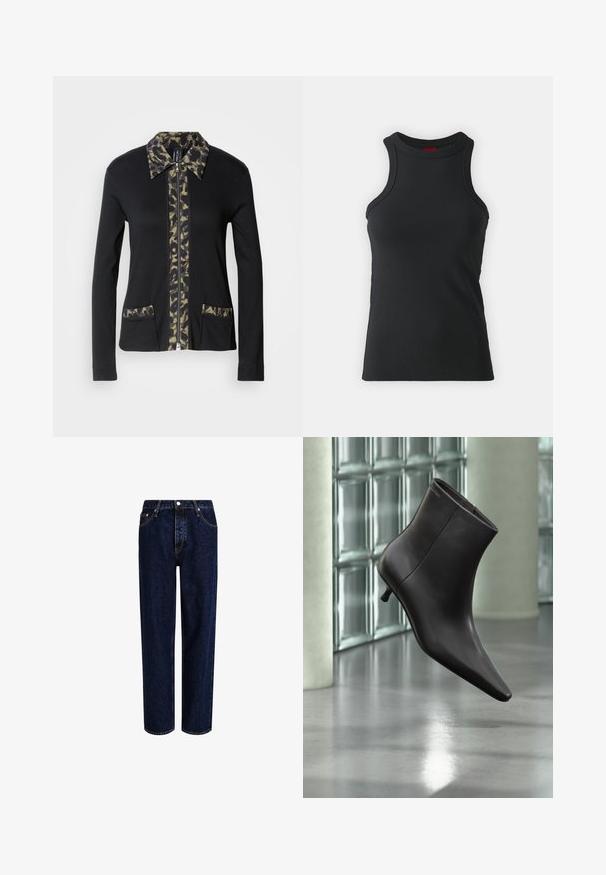 Veste zippée noire avec un col et un panneau avant à motif camouflage, dotée de deux poches avant avec des détails assortis. Manches longues.; Débardeur sans manches noir en tissu extensible. Présente un col rond et une silhouette ajustée avec des détails de couture minimaux.; Jeans en denim bleu foncé avec une coupe droite, dotés d'une taille haute, d'un style à cinq poches et de coutures contrastantes. Sans embellissements.; Bottine en cuir noir avec bout pointu et petit talon, présentée devant un mur en blocs de verre et un sol poli.