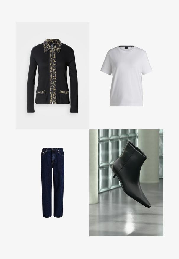 Veste zippée noire avec un col et un panneau avant à motif camouflage, dotée de deux poches avant avec des détails assortis. Manches longues.; T-shirt en coton blanc avec un col rond, des manches courtes et une coupe décontractée. Il présente une petite étiquette de marque près du col.; Jeans en denim bleu foncé avec une coupe droite, dotés d'une taille haute, d'un style à cinq poches et de coutures contrastantes. Sans embellissements.; Bottine en cuir noir à bout pointu et petit talon kitten, présentée en angle devant un sol poli et un mur en blocs de verre.