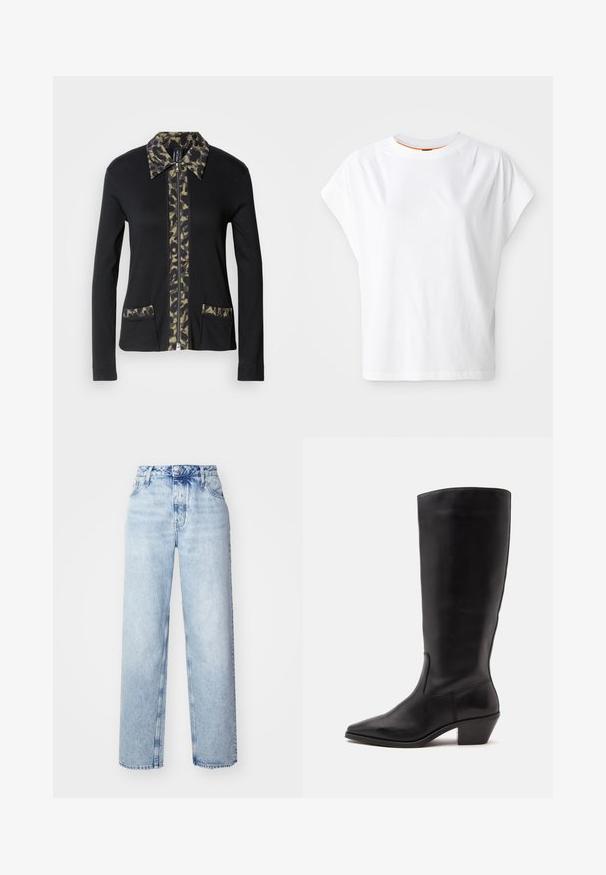 Veste zippée noire avec un col et un panneau avant à motif camouflage, dotée de deux poches avant avec des détails assortis. Manches longues.; T-shirt blanc à manches courtes avec une coupe décontractée. Il présente un col rond et un détail de logo discret à l'avant. Fabriqué en tissu 100% coton.; Jeans taille haute bleu clair avec une coupe ample, mettant en avant des jambes droites, cinq poches et une fermeture classique à boutons et zip.; Botte en cuir noire mi-mollet avec un bout pointu et un talon bas incliné sur un fond clair uni.