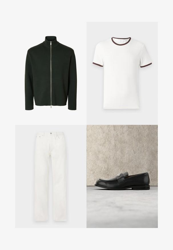 Jersey de manga larga con cremallera en verde oscuro, con cuello alto acanalado y cremallera plateada que va desde el cuello hasta el dobladillo.; Camiseta blanca de manga corta con cuello y dobladillos de las mangas en color marrón, fabricada en suave material de algodón. Diseño simple y clásico.; Vaqueros vaqueros blancos de corte recto con bolsillos delanteros, trabillas para el cinturón y cierre con botón en la cintura, mostrados sobre un fondo liso.; Mocasín de cuero negro con una placa metálica de marca apoyado cerca de una mesa redonda marrón sobre un suelo alfombrado beige.