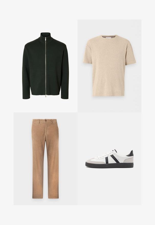 Pull zippé manches longues vert foncé avec un col montant côtelé et une fermeture éclair argentée du cou à l'ourlet.; T-shirt en coton beige à manches courtes et col rond avec une texture horizontale subtile, présenté sur fond blanc.; Pantalons en velours côtelé marron, coupe droite, avec fermeture à bouton et poches latérales. Texture douce avec des côtes visibles et une finition lisse.; Baskets blanches avec des accents noirs et gris, présentant un embout texturé gris, une semelle en caoutchouc noir et des lacets plats blancs. Design épuré, style minimaliste.