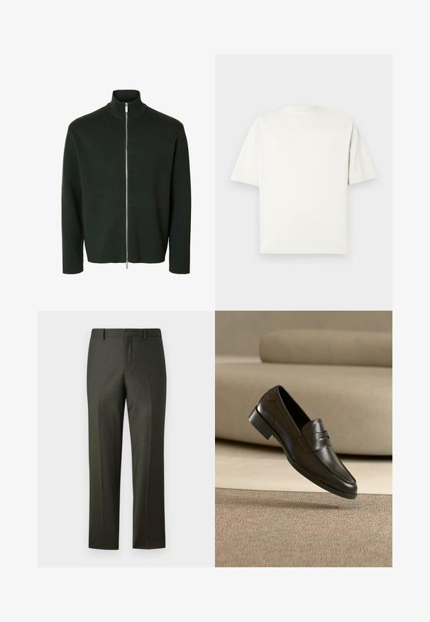 Pull zippé manches longues vert foncé avec un col montant côtelé et une fermeture éclair argentée du cou à l'ourlet.; T-shirt blanc uni à manches courtes et col rond avec une coupe décontractée, présenté sur un fond gris clair.; Pantalon ajusté vert foncé avec une texture lisse, coupe droite, passants de ceinture et plis à l'avant. Pas de poches visibles ni d'ornements.; Mocassin en cuir noir flottant au-dessus d'un tapis beige avec un canapé beige en arrière-plan, mettant en valeur le design classique pour hommes sans lacets.