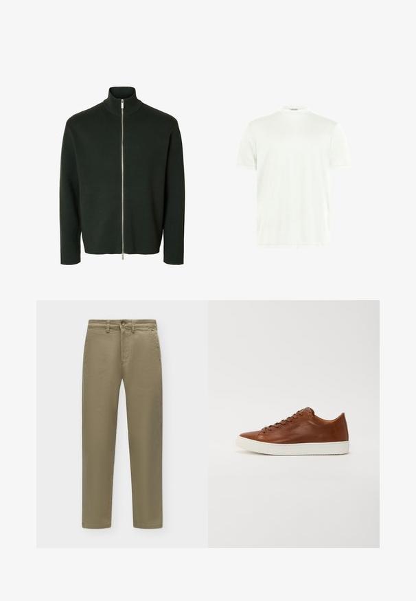 Pull zippé manches longues vert foncé avec un col montant côtelé et une fermeture éclair argentée du cou à l'ourlet.; T-shirt blanc à col rond en tissu doux. Manches courtes, sans motifs. Design simple avec un ourlet droit et des détails minimalistes.; Pantalon droit kaki avec bouton et fermeture éclair, passants de ceinture et poches latérales sur un fond clair uni.; Baskets en cuir brun avec un bout arrondi, semelle en caoutchouc blanc et lignes épurées. Présente une fermeture lacée et un logo discret sur le côté.