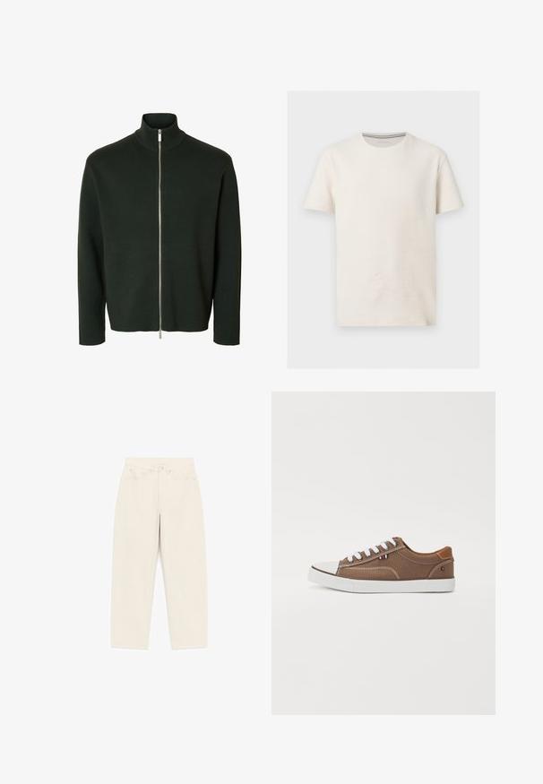 Pull zippé manches longues vert foncé avec un col montant côtelé et une fermeture éclair argentée du cou à l'ourlet.; T-shirt en coton texturé blanc cassé à manches courtes, col rond et logo subtil sur la poitrine gauche, présenté sur fond gris.; Pantalon beige taille haute à jambes droites avec fermeture avant à boutons, passants de ceinture, deux poches avant et deux poches arrière.; Baskets en toile brunes avec lacets blancs, embout en caoutchouc et accents contrastants beige sur le talon, présentant un petit emblème tricolore.