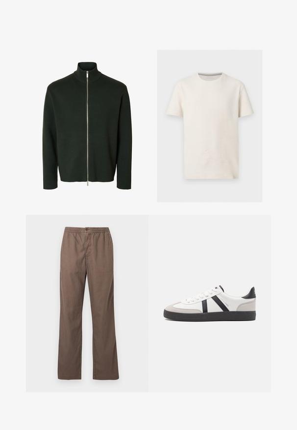 Pull zippé manches longues vert foncé avec un col montant côtelé et une fermeture éclair argentée du cou à l'ourlet.; T-shirt en coton texturé blanc cassé à manches courtes, col rond et logo subtil sur la poitrine gauche, présenté sur fond gris.; Pantalon casual marron avec taille élastique, fermeture à bouton, jambes droites et poches avant, présenté sur un fond blanc uni.; Baskets blanches avec des accents noirs et gris, présentant un embout texturé gris, une semelle en caoutchouc noir et des lacets plats blancs. Design épuré, style minimaliste.