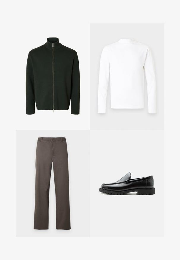 Pull zippé manches longues vert foncé avec un col montant côtelé et une fermeture éclair argentée du cou à l'ourlet.; Chemise blanche à manches longues et col montant en tissu de coton lisse. Présente un design simple sans motifs ni accents visibles.; Pantalon en coton marron avec une coupe droite, doté de passants de ceinture et une texture lisse. Aucun motif visible ni détail de quincaillerie.; Mocassin en cuir noir avec semelle en caoutchouc épaisse, dessus cousu et nom de marque embossé sur le talon, présenté de profil sur fond blanc.