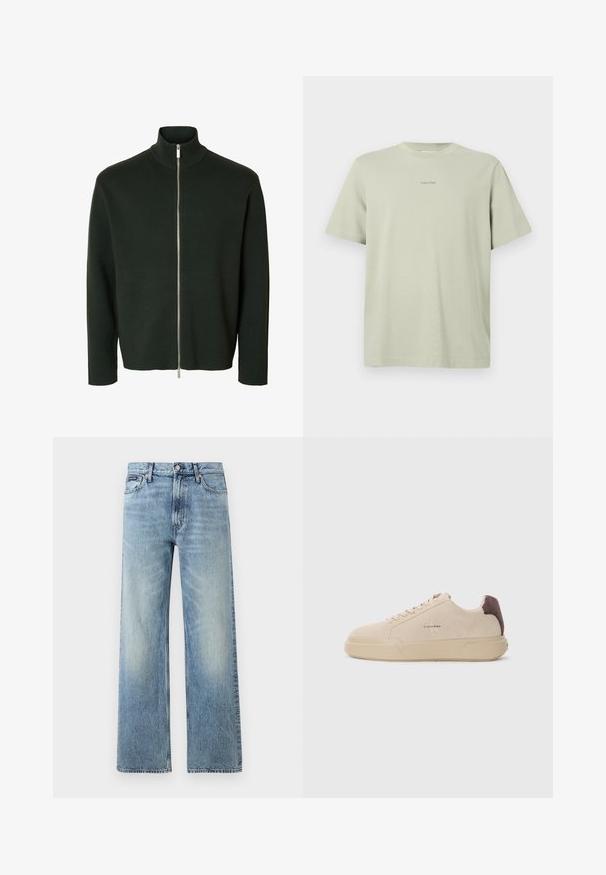 Mørkegrøn langærmet lynlåstrøje med ribbet høj krave og sølvfarvet lynlås, der går fra hals til kant.; Lys grøn bomulds t-shirt med rund hals, korte ærmer og et lille Calvin Klein-logo i en mørkere nuance trykt på brystet.; Lyseblå denim jeans med lige ben, højt talje, fem lommer, knaplukning og diskrete falmede områder på lår og knæ.; Beige ruskind sneakers med rund tå, snørret foran og en brun ruskindsdetalje på hælen. Har en tekstureret gummisål.