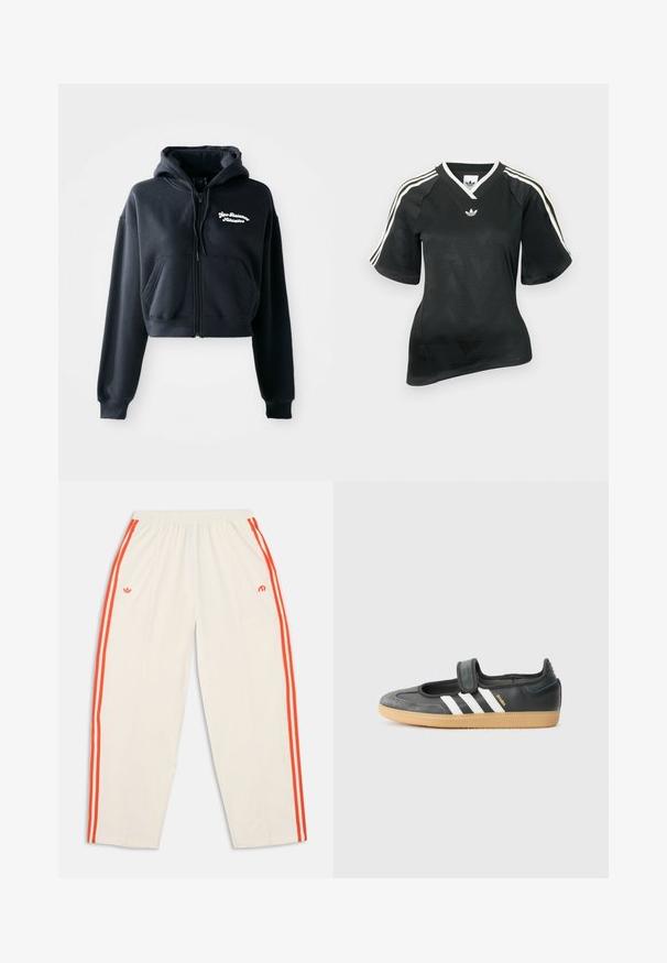 Zwarte cropped hoodie van zachte stof, met een ritssluiting aan de voorkant, twee voorzakken en witte geborduurde tekst op de linkerkant van de borst.; Zwart sportshirt met V-hals, korte mouwen en een textuur met een chevronpatroon. Voorzien van witte drie-strepen accenten op de schouders en een logo.; Witte trainingsbroek met elastische taille, voorzien van oranje driestrepen langs de zijkanten en kleine oranje logo's aan de voorkant.; Zwarte leren en suède sneaker met een klittenbandsluiting, voorzien van drie witte strepen en een gumzool, met de naam "SAMBA" aan de zijkant.