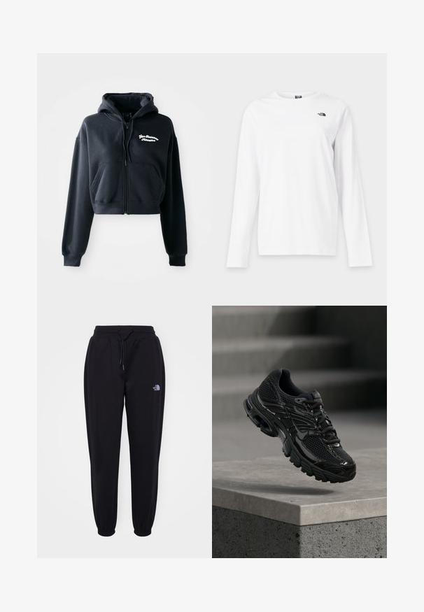 Zwarte cropped hoodie van zachte stof, met een ritssluiting aan de voorkant, twee voorzakken en witte geborduurde tekst op de linkerkant van de borst.; Wit shirt met lange mouwen en ronde hals met klein zwart The North Face-logo op de linkerborst.; Zwarte joggingsbroek met elastische tailleband en boorden, trekkoord, zijzakken en een klein wit The North Face-logo op de rechterdij.; Zwarte Nike hardloopschoen met mesh en synthetische bovenkant die boven een betonnen oppervlak en trappen op de achtergrond zweeft.