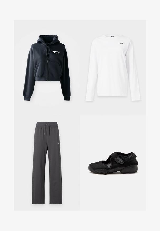 Zwarte cropped hoodie van zachte stof, met een ritssluiting aan de voorkant, twee voorzakken en witte geborduurde tekst op de linkerkant van de borst.; Wit shirt met lange mouwen en ronde hals met klein zwart The North Face-logo op de linkerborst.; Donkergrijze sweatpants met wijde pijpen, voorzien van een geribbelde elastische tailleband en een trekkoord, met een klein wit logo op de rechterdij.; Zwarte sportschoen met een afgeronde neus, verstelbare bandjes en een gestructureerde zool, zijaanzicht op een egale achtergrond.