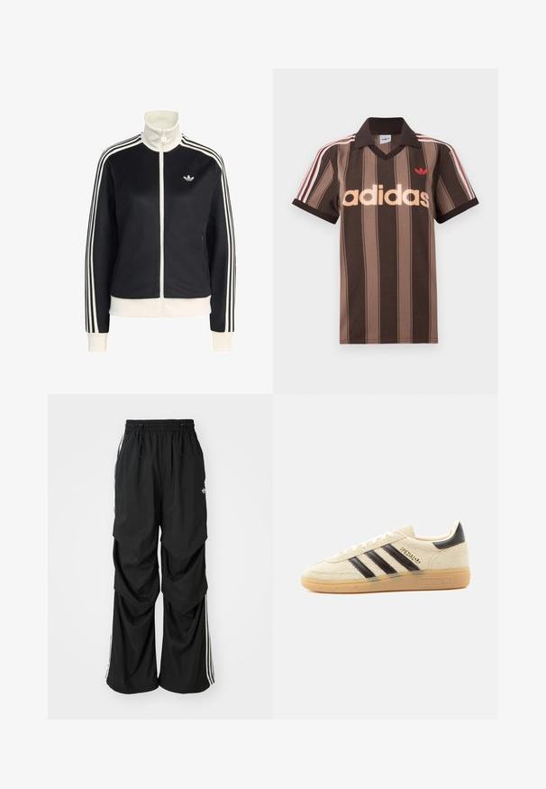 Musta urheilutakki, jossa on korkea kaulus, valkoinen vetoketju ja kaksi sivutaskua. Hihansuissa valkoiset raidat ja rinnassa pieni logo.; Ruskearaidallinen Adidas-pikeepaita, jossa on V-aukko, viininpunainen kaulus ja punainen logo. Paidassa on valkoiset ja punaiset olkapääraidat sekä lyhyet hihat.; Mustat löysät housut, joissa on joustava vyötärö, narukiinnitys ja valkoiset sivuviivat; valmistettu kevyestä kankaasta, jolla on sileä pinta.; Kermanvärinen mokkanahkainen lenkkari mustilla raidoilla, kumipohjalla, mustalla kantalenkillä ja kultaisella "SPEZIAL"-tekstillä sivussa.