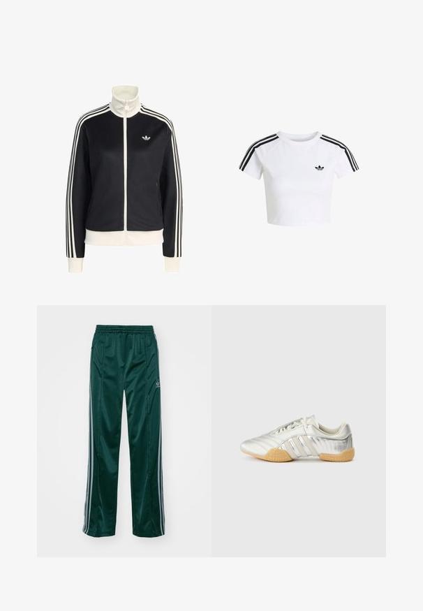 Musta urheilutakki, jossa on korkea kaulus, valkoinen vetoketju ja kaksi sivutaskua. Hihansuissa valkoiset raidat ja rinnassa pieni logo.; Valkoinen lyhyt t-paita mustalla Adidas trefoil -logolla rinnassa ja kolme mustaa raitaa olkapäiden ja hihojen kohdalla.; Tummanvihreät urheiluhousut, jotka on valmistettu kiiltävästä materiaalista. Housuissa on vaaleanharmaat sivuviivat ja embroidered logo vasemmassa jalassa.; Hopeinen urheilukenkä, jossa on sileä nahkapäällinen, kumipohja ja kuvioidut yksityiskohdat. Kenkässä on kaareva muotoilu ja sävyyn sopivat nauhat.