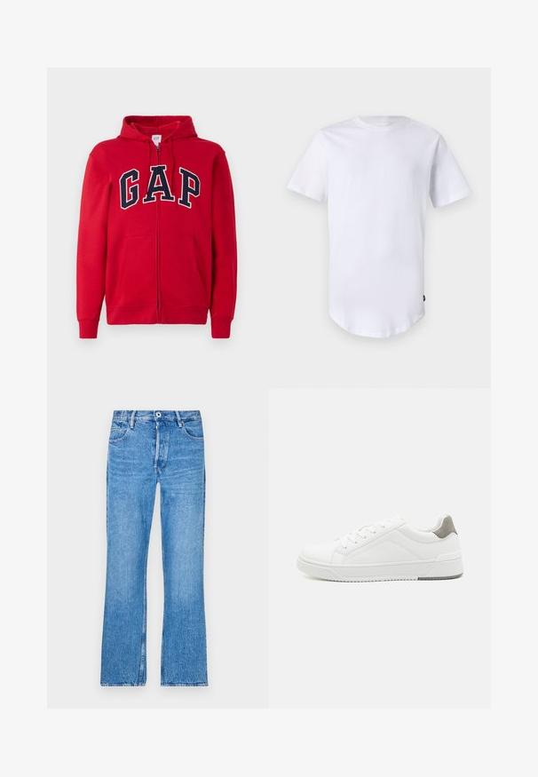 Un sweat à capuche rouge zippé en coton, comportant un grand logo "GAP" bleu marine sur la poitrine, avec une capuche et des poches avant.; T-shirt blanc à manches courtes en coton. Design à col rond avec un ourlet arrondi. Étiquette visible sur le côté inférieur gauche. Texture lisse.; Jeans bleus à jambe droite en denim avec un lavage délavé. Dotés d'une fermeture à bouton, de passants de ceinture et d'un design standard à cinq poches.; Basket blanche en cuir lisse, à bout arrondi, design minimaliste, accent de talon gris et semelle en caoutchouc texturé.
