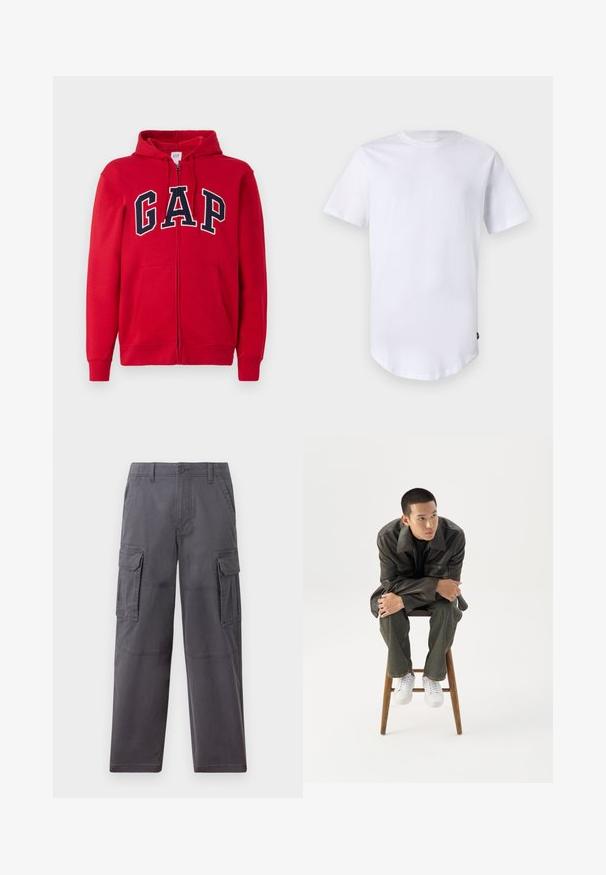 Roten Reißverschluss-Hoodie aus Baumwolle mit einem auffälligen marineblauen "GAP"-Logo auf der Brust, Kapuze und Fronttaschen.; Weißes T-Shirt mit kurzen Ärmeln aus Baumwolle. Rundhalsausschnitt mit abgerundetem Saum. Etikett auf der unteren linken Seite sichtbar. Glatte Textur.; Hollister Co. SKATER BAGGY - Cargohose - grey; Junger Mann in dunkler Lederjacke und Jeans sitzt auf einem Holzstuhl, lehnt sich mit verschränkten Armen nach vorne und schaut seitlich vor weißem Hintergrund.