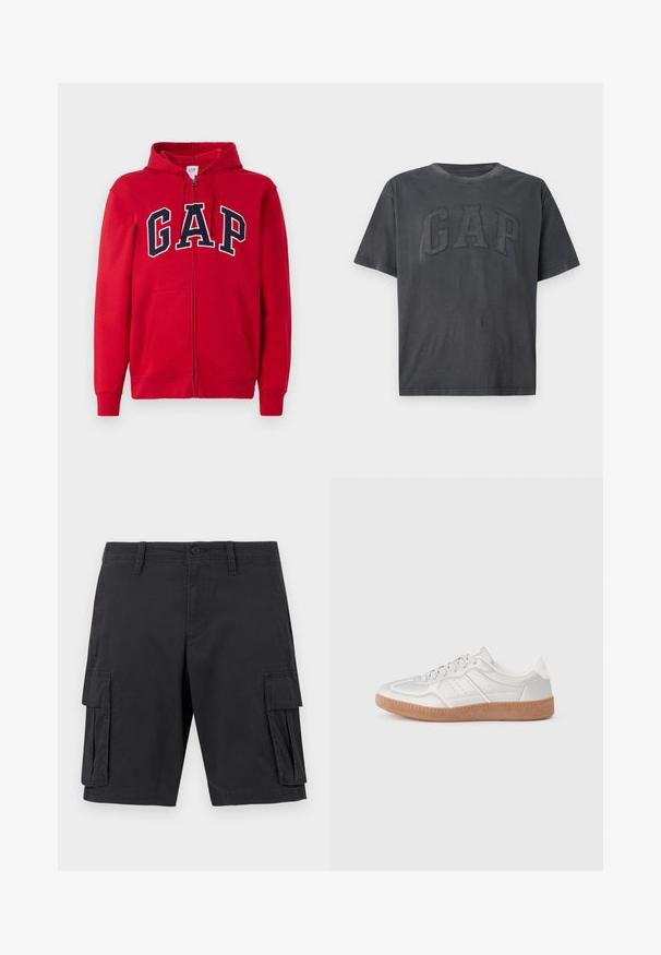 Rød zip-up hættetrøje lavet af bomuld, med et fremtrædende navy "GAP" logo på brystet, samt hætte og frontlommer.; Mørkegrå T-shirt med korte ærmer og stort tekstureret GAP-logo syet henover brystet på en ensfarvet baggrund.; Sorte cargoshorts med knap foran, bæltestropper og to store sidelommer med klap, vist på en neutral baggrund.; Sølv sneakers med en glat overflade, snørebånd, perforerede detaljer og en struktureret brun gummi sål.
