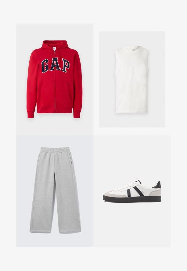 Sudadera con cremallera roja de algodón, con un prominente logo en color marino "GAP" en el pecho, con capucha y bolsillos frontales.; Camiseta de tirantes blanca con cuello redondo y pequeño logo de GAP en el interior del cuello trasero, colocada en plano sobre fondo claro.; Pantalones anchos de chándal gris claro con cintura elástica y bolsillos laterales mostrados sobre un fondo liso.; Zapatilla blanca con acentos en negro y gris, que presenta una puntera texturizada en gris, suela de goma negra y cordones planos blancos. Diseño limpio, estilo minimalista.