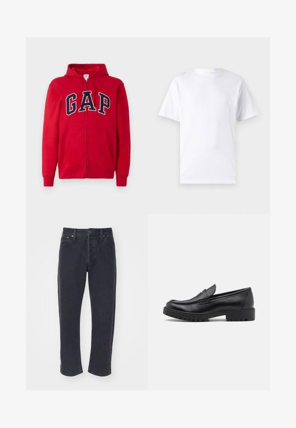 Roten Reißverschluss-Hoodie aus Baumwolle mit einem auffälligen marineblauen "GAP"-Logo auf der Brust, Kapuze und Fronttaschen.; Weißes kurzärmeliges T-Shirt aus Baumwolle mit Rundhalsausschnitt, das eine glatte Textur und ein einfaches Design ohne Muster oder Akzente aufweist.; Dunkelgraue Jeans aus Denim mit geradem Schnitt, fünf Taschen und Metallelementen. Verfügt über Kontrastnähte und eine leicht ausgebleichte Textur.; Schwarze Lederloafers mit runder Zehenform, eleganter Schlupfdesign und dicker Gummisohle mit strukturiertem Griff. Erhöhter Absatz und dezente Nähdetails.