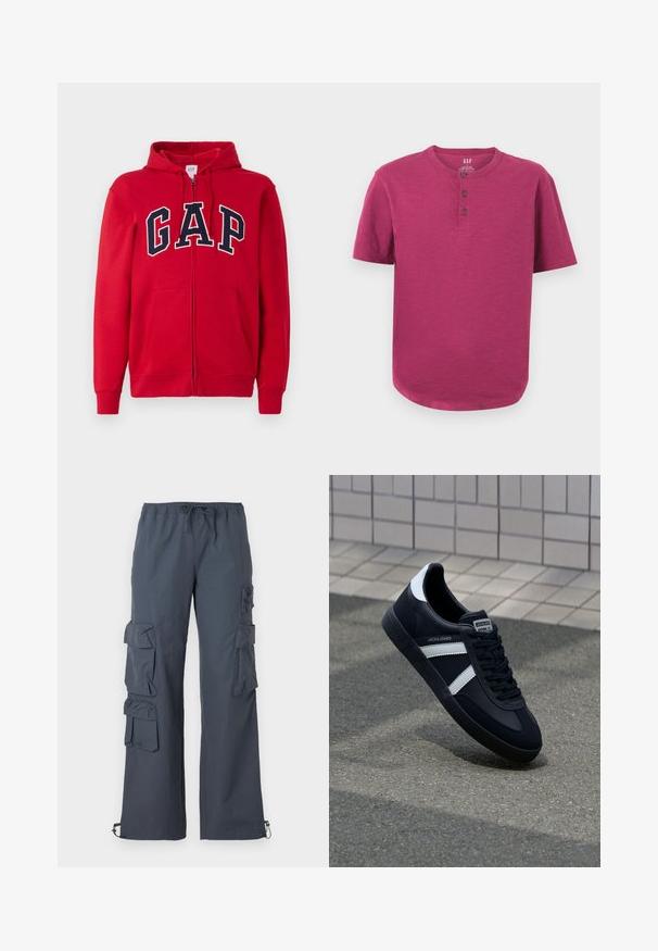 Roten Reißverschluss-Hoodie aus Baumwolle mit einem auffälligen marineblauen "GAP"-Logo auf der Brust, Kapuze und Fronttaschen.; Kurzarm-Henley-Shirt in einem lebhaften Magenta-Ton. Mit Rundhalsausschnitt, Drei-Knopf-Leiste und leicht abgerundetem Saum. Weiche Textur.; Dunkelgraue Cargo-Hosen mit einem elastischen Bund, mehreren großen Taschen an den Seiten und verstellbaren Bündchen an den Knöcheln.; Schwarze Leder-Sneaker mit weißen Streifen, strukturiertem Gummisohle und Schnürung. Verfügt über ein Markenetikett auf der Zunge.