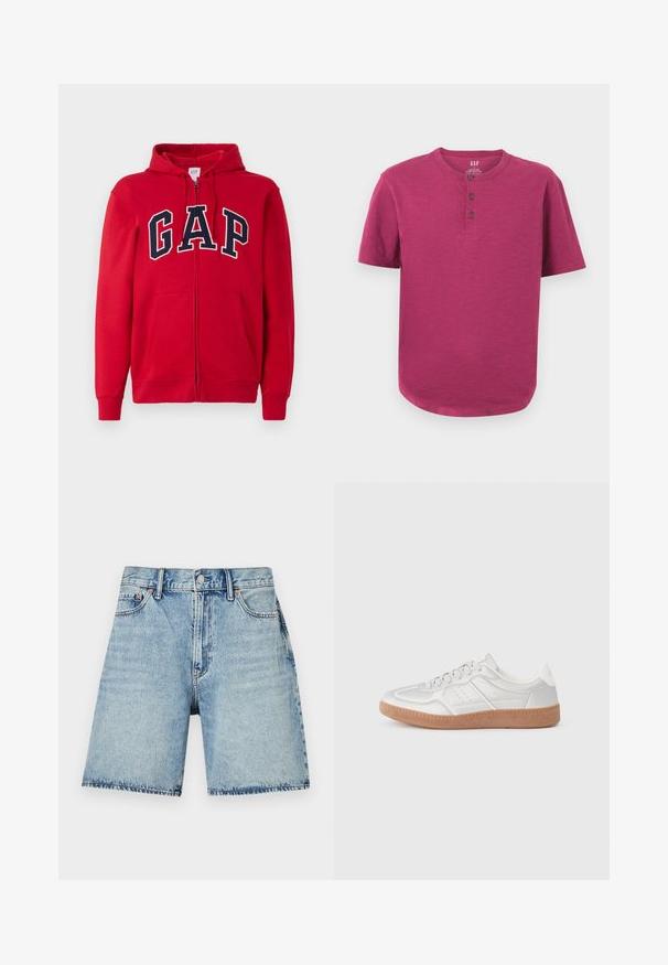 Roten Reißverschluss-Hoodie aus Baumwolle mit einem auffälligen marineblauen "GAP"-Logo auf der Brust, Kapuze und Fronttaschen.; Kurzarm-Henley-Shirt in einem lebhaften Magenta-Ton. Mit Rundhalsausschnitt, Drei-Knopf-Leiste und leicht abgerundetem Saum. Weiche Textur.; Helle blaue Jeansshorts mit geradem Schnitt, fünf Taschen und sichtbaren Nähten. Mit Knopfverschluss vorne.; Silberne Sneakers mit glatter Textur, Schnürdesign, durchbrochenen Akzenten und einer strukturierten braunen Gummisohle.