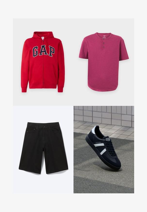 Rode rits-hoodie gemaakt van katoen, met een opvallend marineblauw "GAP" logo over de borst, voorzien van een capuchon en frontzakken.; Korte mouwen henley-shirt in een levendige magenta kleur. Heeft een ronde hals, een drieknoopsluiting en een licht afgeronde zoom. Zachte textuur.; Zwarte denim short tot op de knie met voorste knoop, riemlussen en vijf zakken, afgebeeld tegen een witte achtergrond.; Zwarte leren sneaker met witte strepen, een gestructureerde rubberen zool en vetersluiting aan de voorkant. Voorzien van een merklabel op de tong.