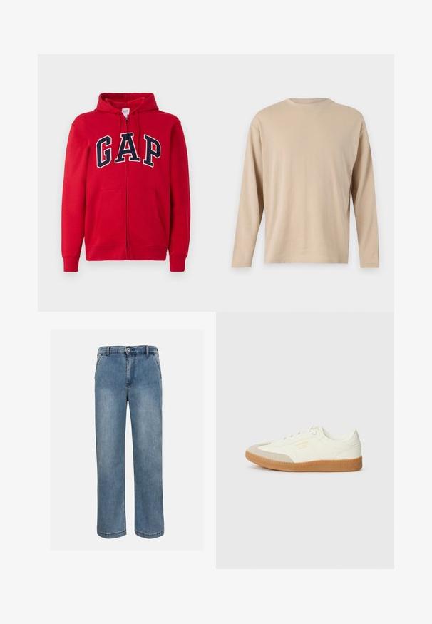Rød zip-up hættetrøje lavet af bomuld, med et fremtrædende navy "GAP" logo på brystet, samt hætte og frontlommer.; Beige langærmet skjorte lavet af blødt stof med lige snit, rund halsudskæring og minimal syning langs kanten og ærmerne.; Blå straight-leg denimjeans med knap og lynlås foran samt bæltestropper på en neutral baggrund.; Sneaker lavet af hvid læder med en beige tåhætte og let brunt gummisål. Har flade hvide snørebånd og prægede branding på siden.