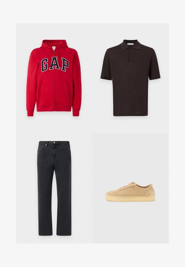 Punane kapuutsiga fliis, mis on valmistatud puuvillast, millel on rinnal silmatorkav tumesinine "GAP" logo, koos kapuutsi ja eesmiste taskutega.; Prune lühikeste varrukatega polo särk, mis on valmistatud kergest kangast. Omab klassikalist kraed ja kolme nööbiga sulgemist, sile tekstuur, ilma mustriteta.; Mustad denim teksad sirge sääre disainiga, viie tasku ja metallist detailidega. Kanga pind on sile, kergelt tekstureeritud.; Beežist seemisnahast madalad tossud paksu kummipõhjaga, ees paeltega ja peene küljesildi kujundusega, neutraalsel heledal hallil taustal.