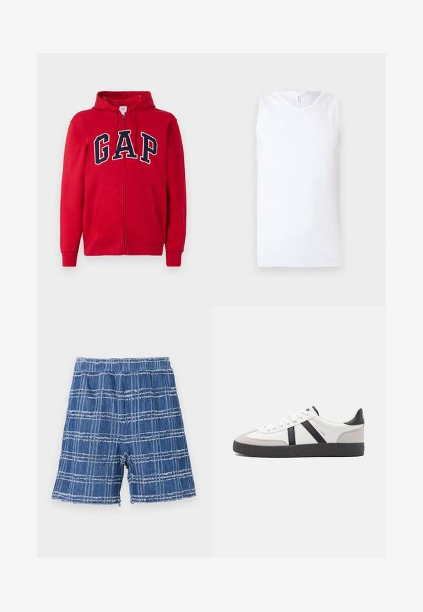 Un sweat à capuche rouge zippé en coton, comportant un grand logo "GAP" bleu marine sur la poitrine, avec une capuche et des poches avant.; Débardeur blanc sans manches en tissu côtelé avec encolure ronde sur fond clair uni.; Shorts en denim avec un ourlet effiloché, présentant un motif à carreaux bleus. Taille élastique, coupe droite et texture douce.; Baskets blanches avec des accents noirs et gris, présentant un embout texturé gris, une semelle en caoutchouc noir et des lacets plats blancs. Design épuré, style minimaliste.