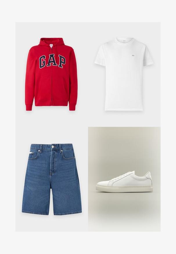 Un sweat à capuche rouge zippé en coton, comportant un grand logo "GAP" bleu marine sur la poitrine, avec une capuche et des poches avant.; T-shirt en coton blanc avec un col rond classique, des manches courtes et un petit logo GAP gris sur la poitrine gauche. Design simple et sans ornements.; Short en denim bleu clair avec fermeture éclair devant, bouton, passants de ceinture et cinq poches, présenté sur fond blanc uni.; Baskets blanches basses à lacets sur l’avant et semelle épaisse, vues de côté sur un fond neutre.