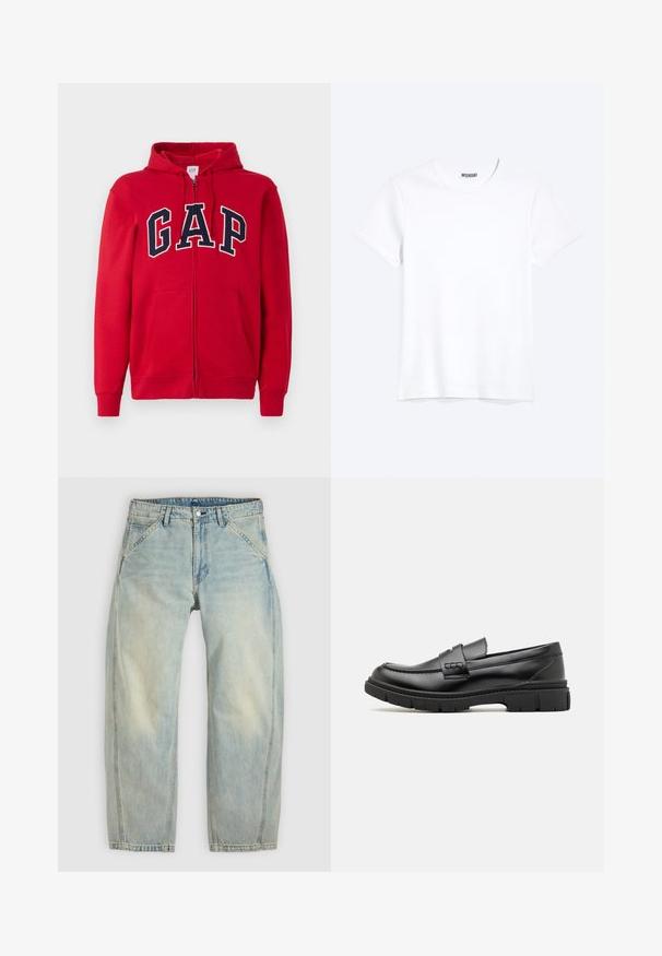 Rød zip-up hættetrøje lavet af bomuld, med et fremtrædende navy "GAP" logo på brystet, samt hætte og frontlommer.; Enkelt hvid T-shirt med korte ærmer og rund hals med synligt WEEKDAY-mærke i kraven, vist på en lys baggrund.; Lys blå jeans med vide ben lavet af denim. Har fem lommer, en knaplukning og falmede områder for et brugt udseende.; Sort læder loafersko med en bred rem over forfoden, gummisål med tykke mønstre og glat overflade. Klassisk, slankt design.