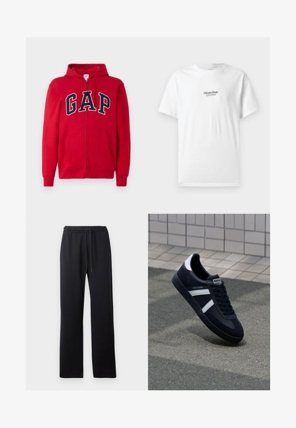 Rode rits-hoodie gemaakt van katoen, met een opvallend marineblauw "GAP" logo over de borst, voorzien van een capuchon en frontzakken.; Witte katoenen T-shirt met korte mouwen, voorzien van de tekst "Palmiera Pantó" en "VENICE BEACH" in zwarte letters op de voorkant.; Abercrombie & Fitch ESSENTIAL BAGGY OPEN HEM CASUAL - Trainingsbroek - black; Zwarte leren sneaker met witte strepen, een gestructureerde rubberen zool en vetersluiting aan de voorkant. Voorzien van een merklabel op de tong.