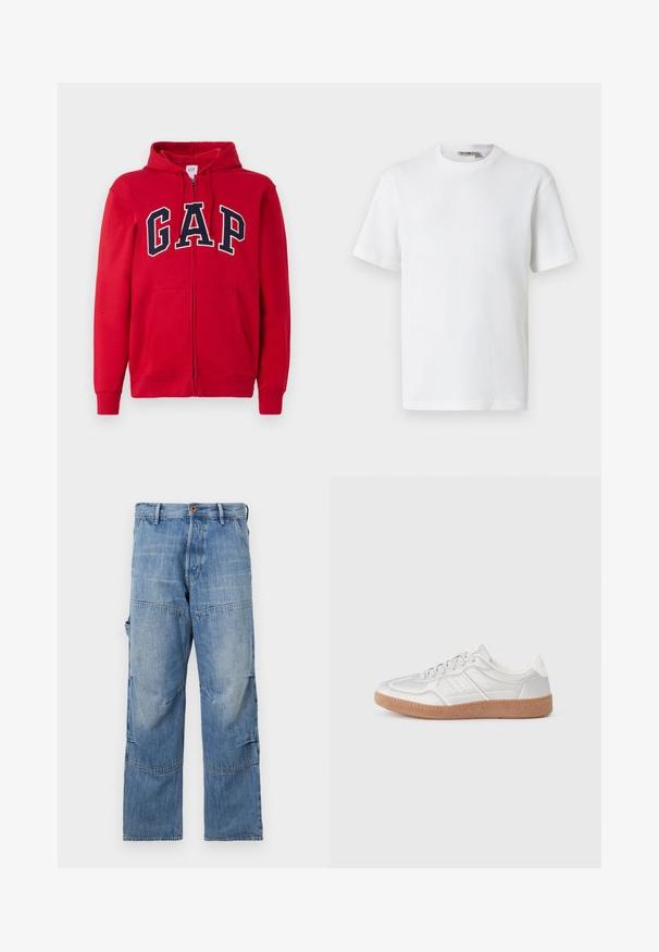 Roten Reißverschluss-Hoodie aus Baumwolle mit einem auffälligen marineblauen "GAP"-Logo auf der Brust, Kapuze und Fronttaschen.; Weißes, kurzärmeliges T-Shirt mit Waffelstrick und Rundhalsausschnitt, mit kleinem Markenetikett im Kragen, auf einfarbigem Hintergrund präsentiert.; Hellblaue Jeanshose mit weitem Bein, ausgebleichten Bereichen und aufgenähten Nähten. Mit einem Knopf- und Reißverschluss vorne sowie seitlichen Taschen.; Silberne Sneakers mit glatter Textur, Schnürdesign, durchbrochenen Akzenten und einer strukturierten braunen Gummisohle.
