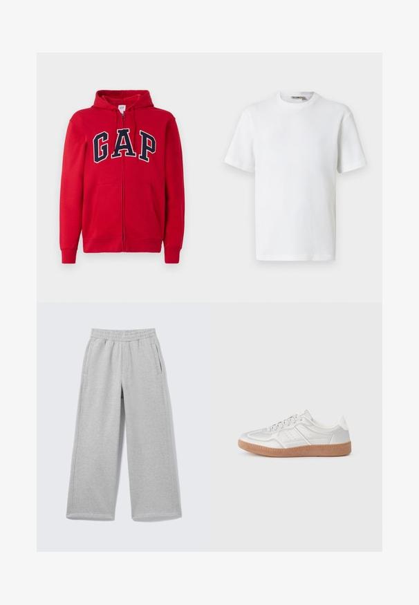 Rode rits-hoodie gemaakt van katoen, met een opvallend marineblauw "GAP" logo over de borst, voorzien van een capuchon en frontzakken.; Wit T-shirt met korte mouwen, wafelstructuur en ronde hals, met een klein merkembleem aan de binnenkant van de kraag, afgebeeld op een effen achtergrond.; Lichtgrijze sweatpants met wijde pijpen, elastische tailleband en zijzakken, weergegeven op een effen achtergrond.; Zilveren sneakers met een gladde textuur, vetersluiting, geperforeerde accenten en een gestructureerde bruine rubberen zool.
