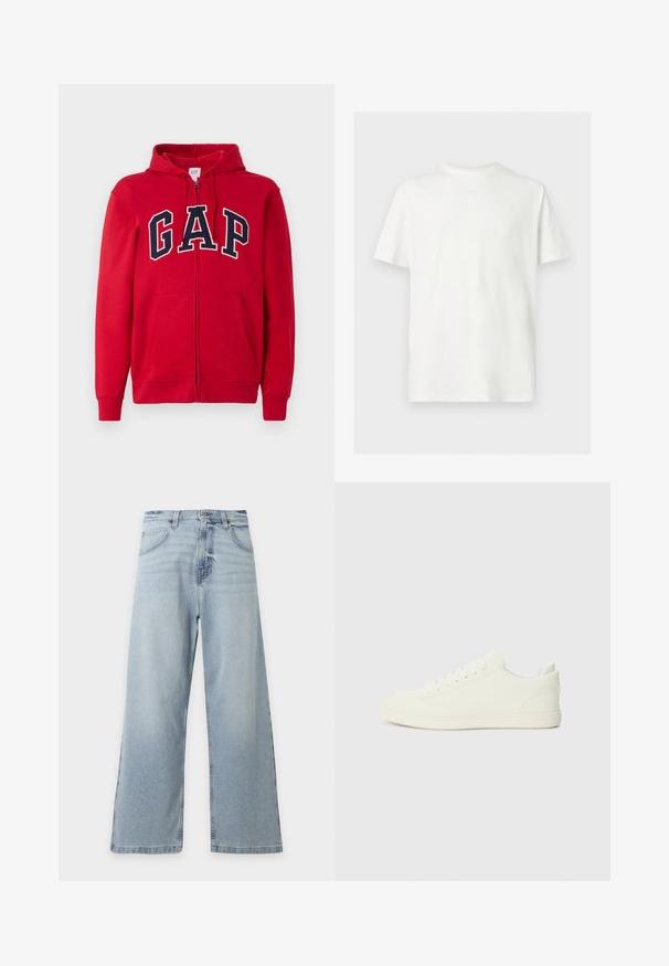 Un sweat à capuche rouge zippé en coton, comportant un grand logo "GAP" bleu marine sur la poitrine, avec une capuche et des poches avant.; T-shirt blanc à manches courtes avec col rond et coupe décontractée sur un fond uni clair.; Jean bleu clair à jambes larges, taille haute, bouton et fermeture éclair devant, passants de ceinture, poches et léger effet délavé à la braguette.; Baskets blanches avec une tige à texture lisse, bout arrondi et laçage traditionnel, arborant un design minimaliste et une semelle en caoutchouc.