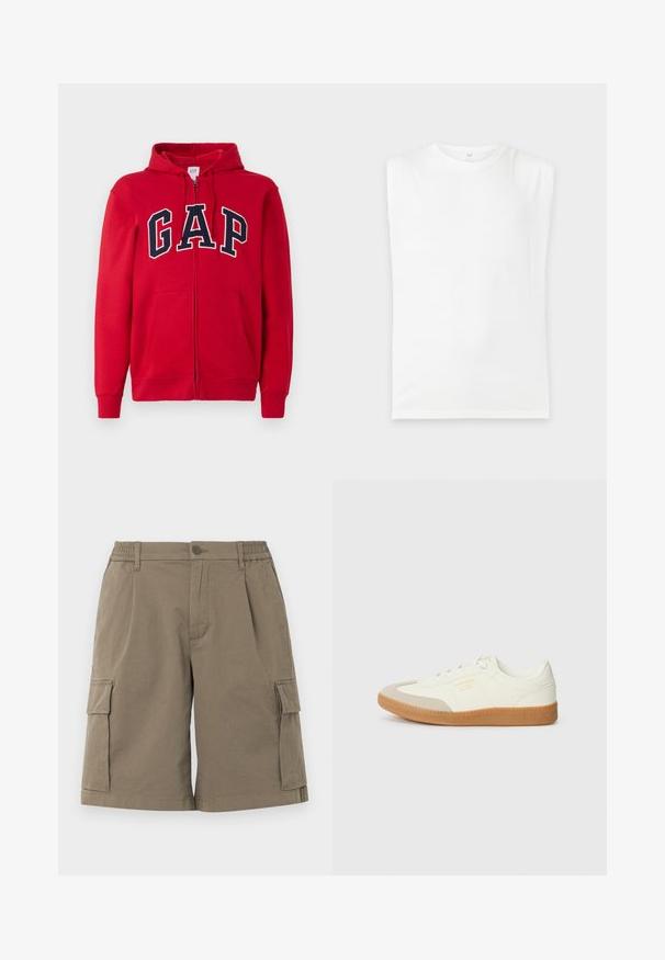 Rode rits-hoodie gemaakt van katoen, met een opvallend marineblauw "GAP" logo over de borst, voorzien van een capuchon en frontzakken.; Effen wit mouwloos T-shirt met gewatteerde schouders en een ronde halslijn, weergegeven op een lichtgrijze achtergrond.; Khakikleurige cargoshorts met elastische zijkanten, knoop en rits aan de voorkant, riemlussen, zijzakken en grote klepzakken op elke pijp.; Schoen gemaakt van wit leer met een beige teenkap en een lichtbruine rubberen zool. Voorzien van platte witte veters en reliëfbranding aan de zijkant.
