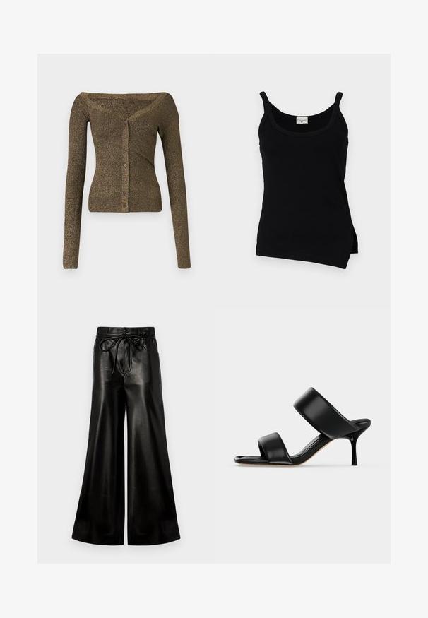 Cardigan en tricot olive métallique à manches longues et décolleté asymétrique, avec un devant boutonné et une texture ribbed. Coupe slim avec une légère brillance.; Débardeur noir à côtes avec des bretelles fines, ourlet arrondi et fentes sur les côtés. Le tissu semble lisse avec un léger élasticité. Étiquette de la marque visible au niveau de l'encolure.; Pantalons larges en cuir noir avec une taille à cordon de serrage. Texture lisse, taille haute, coupe décontractée, dotés de poches latérales et d'une fermeture à bouton.; Sandale mule en cuir noir avec deux larges brides et un talon stiletto fin de hauteur moyenne sur un fond clair uni.