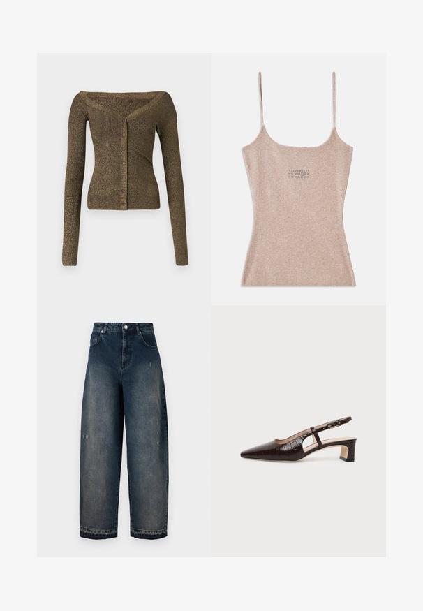 Af- skulderen, langærmet cardigan i metallisk olivengrøn strik, med knapfront og ribbet tekstur. Slim fit med subtil glans.; Ribbet, beige top med tynde justerbare stropper. Har en firkantet udskæring og en lille trykt detalje nær midten.; Mørk denim vidde bukser med høj talje, fem lommer, synlige sømme og let slid på fronten. Klassisk knap- og lynlås-lukning.; Mørkebrune slingback sko i krokodillelæder med spids tå, lav blokhæl og justerbar rem med guldfarvet spænde.