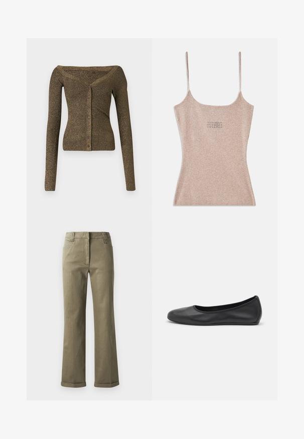 Af- skulderen, langærmet cardigan i metallisk olivengrøn strik, med knapfront og ribbet tekstur. Slim fit med subtil glans.; Ribbet, beige top med tynde justerbare stropper. Har en firkantet udskæring og en lille trykt detalje nær midten.; Tan brede benbukser lavet af et blødt stof. Har en opredt kant, frontlommer og en lynlås med knaplukning.; Sort læderballetsko med rund tå, glat tekstur, minimal syning og et fleksibelt såldesign.