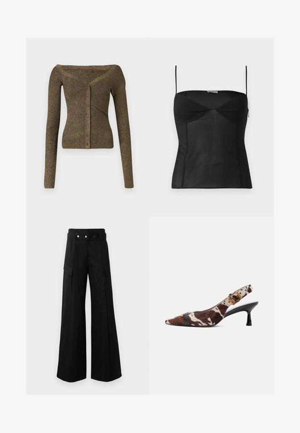 Af- skulderen, langærmet cardigan i metallisk olivengrøn strik, med knapfront og ribbet tekstur. Slim fit med subtil glans.; Sort ærmeløs tætsiddende top med tynde skulderstropper, hjerteformet udskæring og sømdetaljer på en ensartet hvid baggrund.; Sorte brede bukser med høj talje, som har store sidelommer, to forreste knapper og en løkke-detalje. Lavet af holdbart materiale.; Slingback kitten heel-sko med brun og hvid ko-print, spids tå, sort rem foran og gulddetalje med spænde på ankelrem.