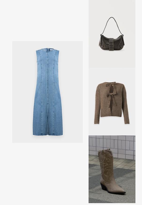 Brun ribstrikket cardigan med to bindelukninger foran og lange ærmer på en ensartet lys baggrund.; Ærmeløs lyseblå denimkjole med lodrette syninger foran og lynlås i ryggen, knælængde med lige snit.; Høj, beige cowboystøvle i ruskind med dekorative syninger og nitteaccenter, med spids snude og skråsort hæl på fortovet.; Sort læder skuldertaske med spænde på remmen, afrundede kanter og kontrasterende hvide syninger på en ensfarvet baggrund.