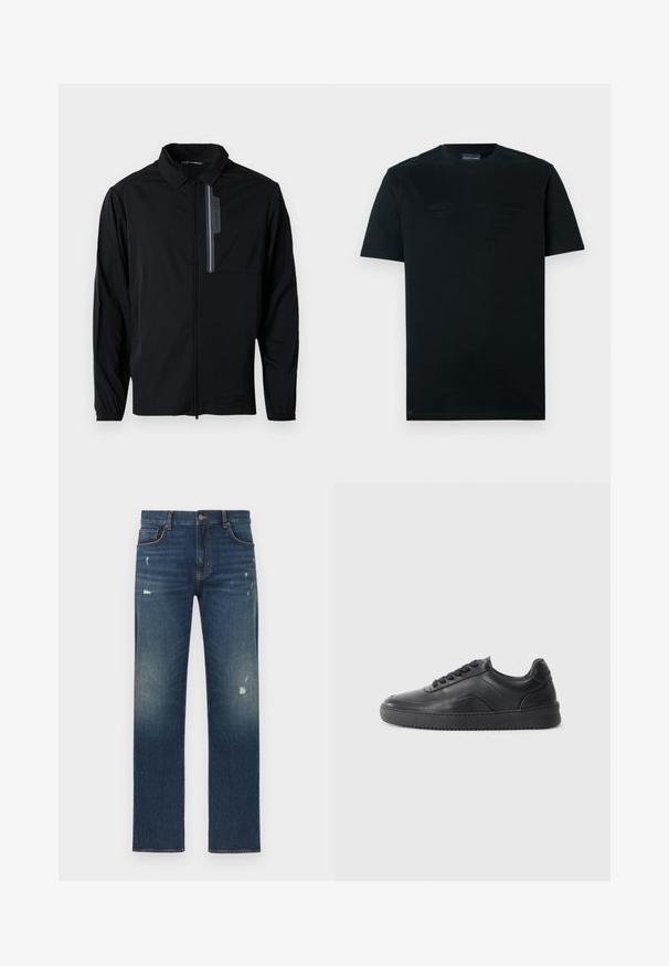 Sort letvægtsjakke med lynlås fortil, krave, elastiske manchetter og en brystlomme med et reflekterende element. Glat tekstur og afslappet design.; Sort t-shirt lavet af bomuld; har et mat logo design i midten. Klassisk rund hals, korte ærmer og lige kant.; Blå denimjeans med et lige ben-design, der har let slid og falmen, fem lommer og en knaplukning i taljen.; Sorte lædersneakers med en glat finish, rund tå, struktureret sidelæder og sorte snørebånd. Har en flad gummisål og et minimalistisk design.