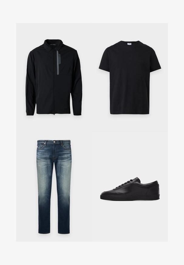 Schwarze, leichte Jacke mit Reißverschluss, Kragen, elastischen Bündchen und einer Brusttasche mit reflektierendem Akzent. Glatte Textur und lässiges Design.; Schwarzes T-Shirt mit kurzen Ärmeln und Rundhalsausschnitt, mit einem kleinen weißen Etikett innen am Kragen, flach auf einem weißen Hintergrund liegend dargestellt.; Herren-Jeans mit geradem Bein in Blau, mit Verblassen an Oberschenkeln und Knien, vorne mit Knopf- und Reißverschluss sowie Fünf-Taschen-Design.; Schwarzer flacher Leder-Sneaker mit Schnürung vorne und flacher Gummisohle, seitlich auf einem schlichten weißen Hintergrund gezeigt.