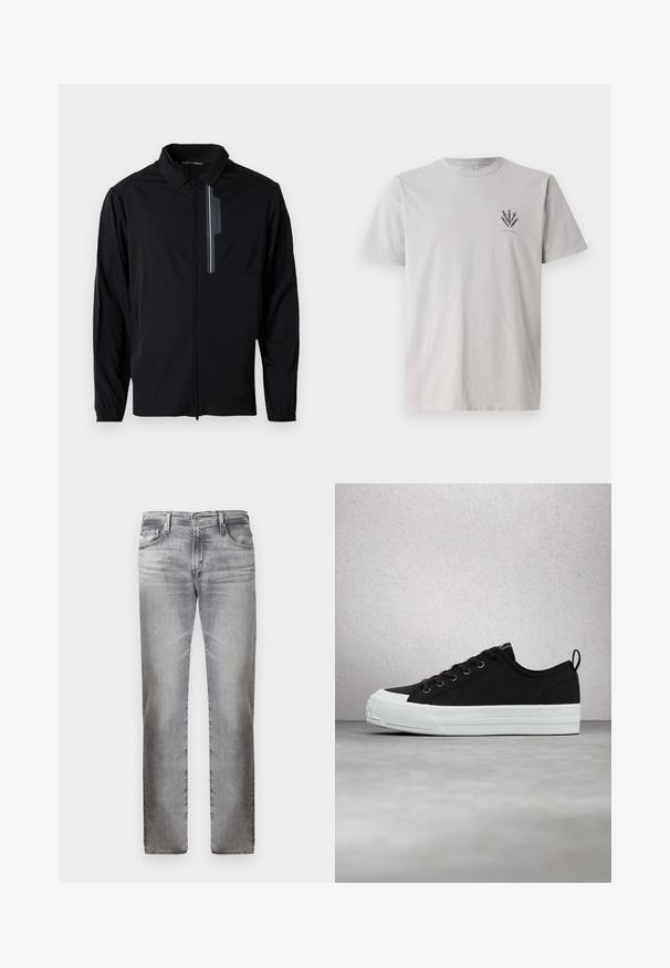 Sort letvægtsjakke med lynlås fortil, krave, elastiske manchetter og en brystlomme med et reflekterende element. Glat tekstur og afslappet design.; Grå bomulds t-shirt med korte ærmer, der har et lille mørkt grafisk design på venstre brystområde. Klassisk crew neck stil.; Grå denim jeans med et falmet design, lige ben-snit, fem lommer og en metalknaplukning i taljen. Blød tekstur, uden tydelige mønstre.; Sorte lærreds-sneakers med hvid gummisål, med snørebånd foran, øjer og en løkke på hælen. Diskret tekstur og logodetalje.